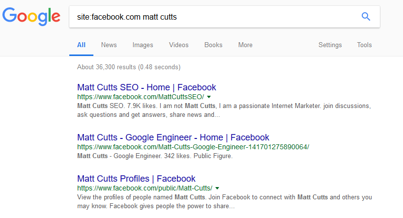 Google search for Facebook search