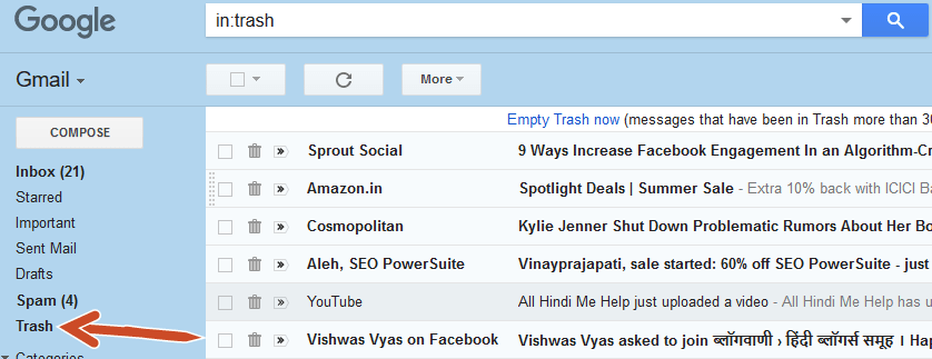 Find deleted emails in Trash